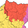 En rojo, municipios del Alto Aragón analizados en el Estudio Sociolingüística del aragonés, por su presencia de esta lengua