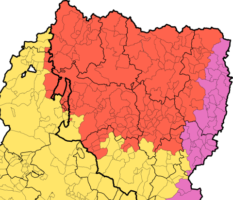 En rojo, municipios del Alto Aragón analizados en el Estudio Sociolingüística del aragonés, por su presencia de esta lengua